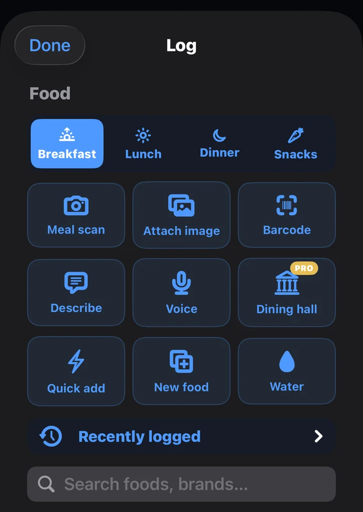 The Log sheet: meal scan, barcode, voice, describe, quick add and water