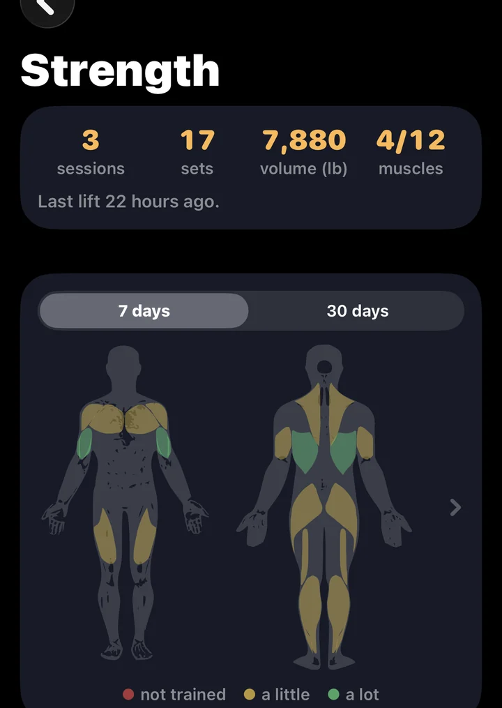 The Strength screen with sessions, sets, volume and a body map