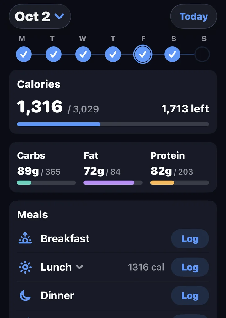The home screen with calories, macros and meals