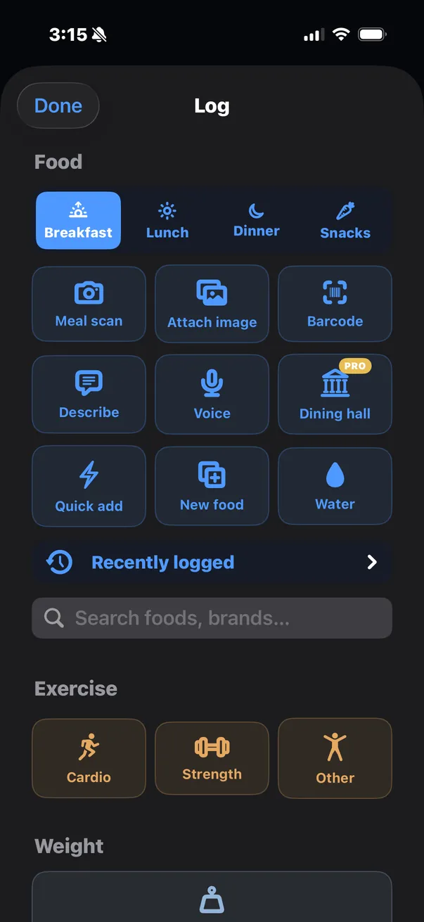 The Log sheet with every way to add food, exercise and weight