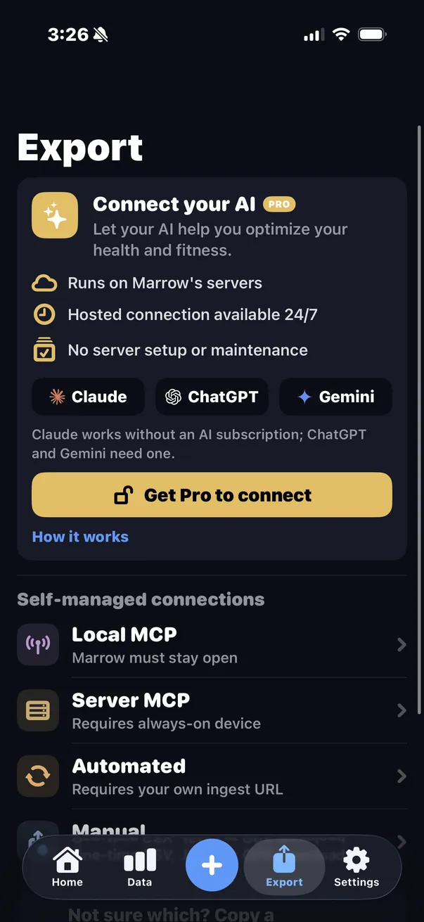 The Export tab: Connect your AI for Claude, ChatGPT and Gemini, above Local MCP, Server MCP, Automated and Manual